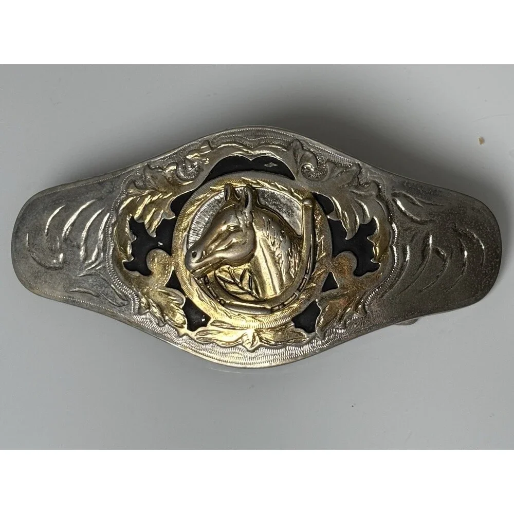 Western Horse Head Horseshoe Belt Buckle Silver Gold Tone Black Enamel Large